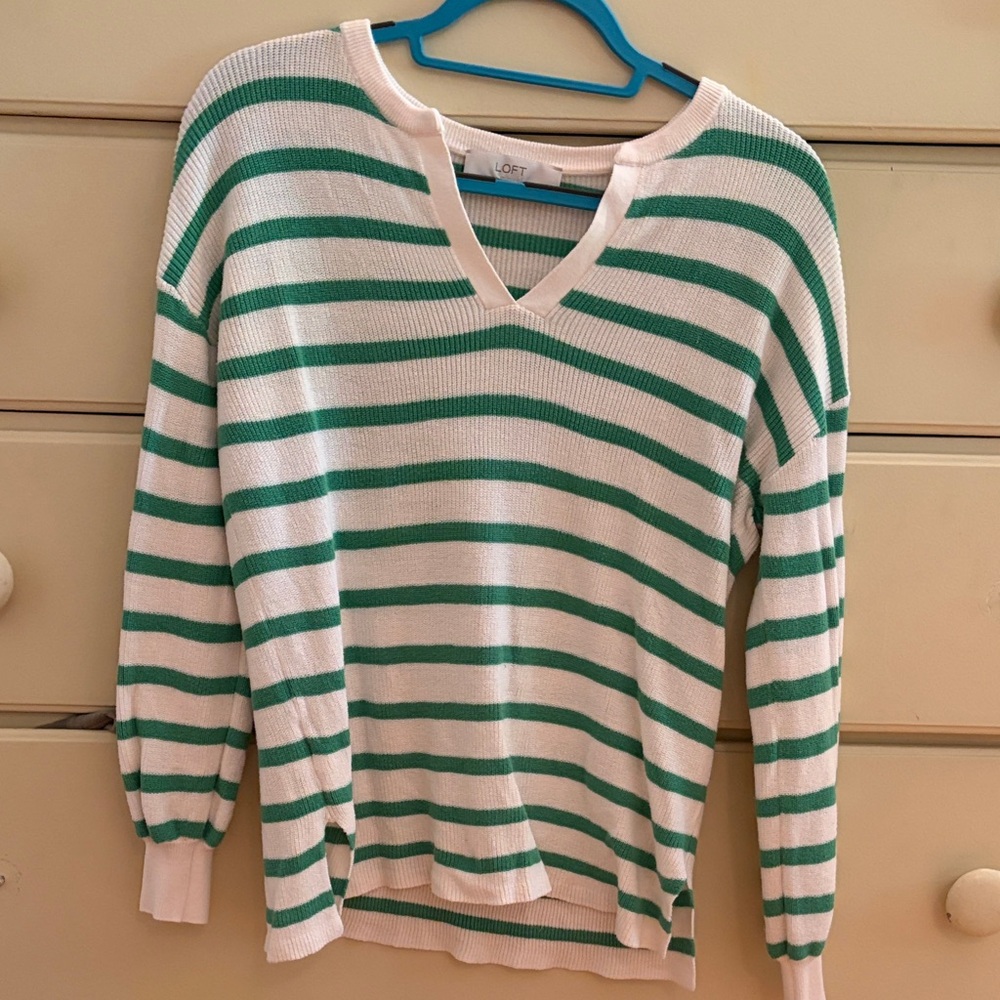 LOFT Green and White Striped V-Neck Sweater